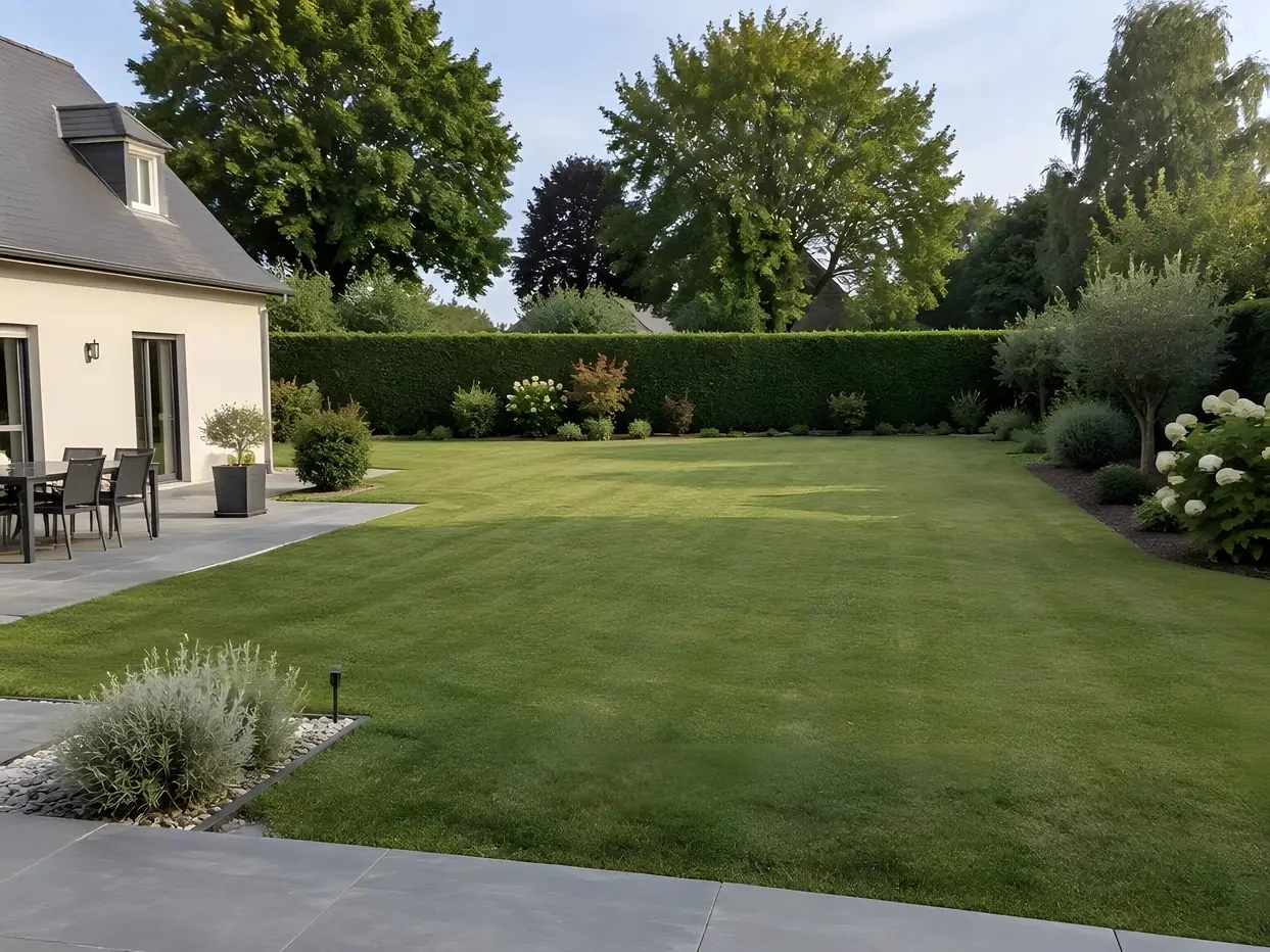 Le même jardin : pelouse rase, haie taillée, massifs nets