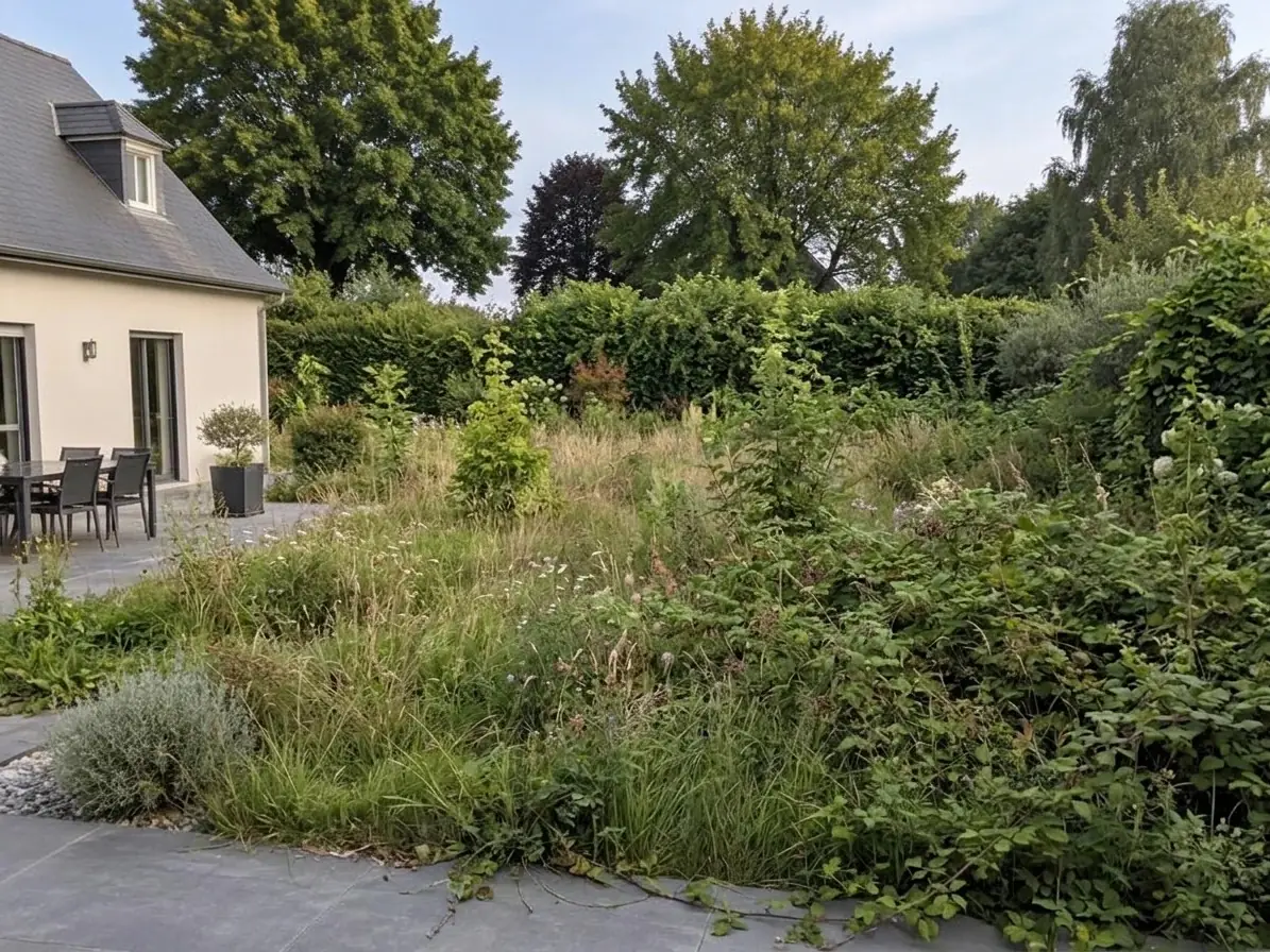 Jardin en friche à côté d'une maison : herbes hautes, ronces et arbustes envahissants