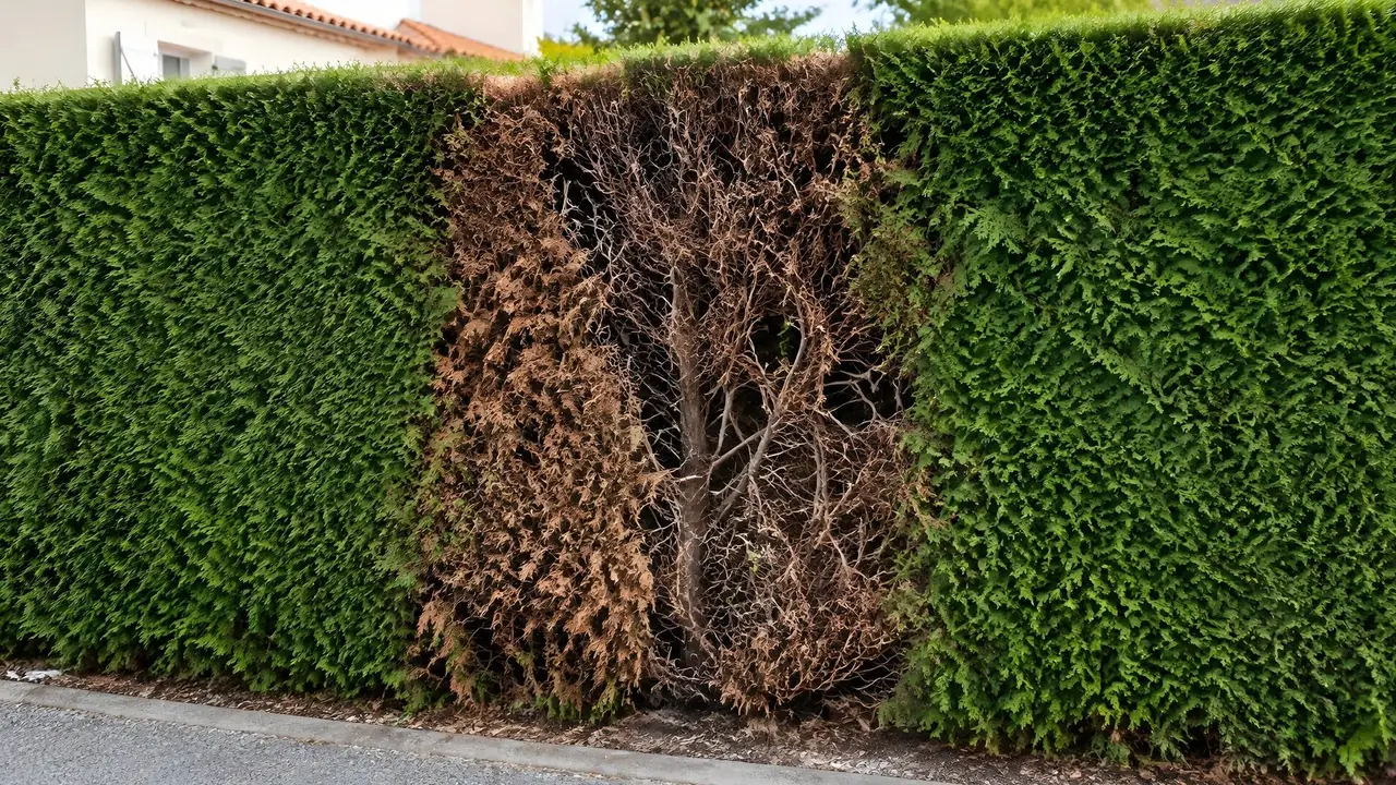 Haie de thuyas taillée au carré, verte et dense, trouée au centre par une large plaque marron