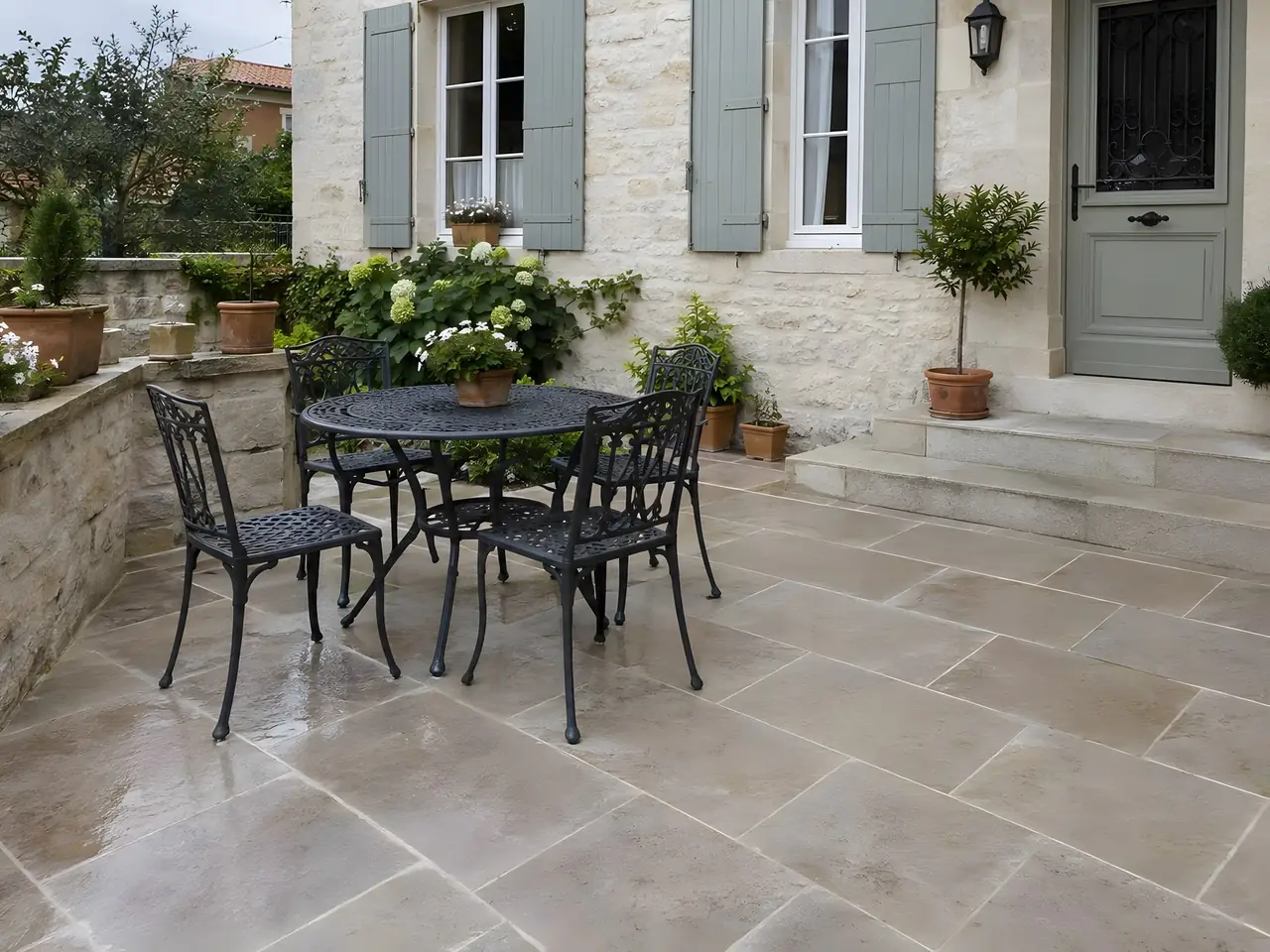La même terrasse lavée : dalles claires et joints nets autour du salon de jardin